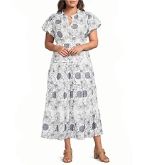 Calessa Plus Size Allover Embroidery V-Neck Short Sleeve A-Line Dress