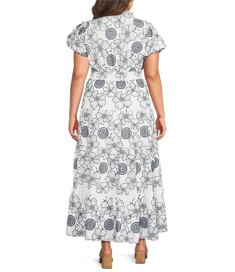 Calessa Plus Size Allover Embroidery V-Neck Short Sleeve A-Line Dress