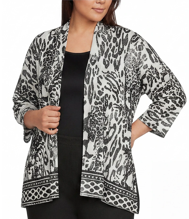 Calessa Plus Size Animal Burnout Tie-Dye Draped Open Front Wrist Length Sleeve Cardigan