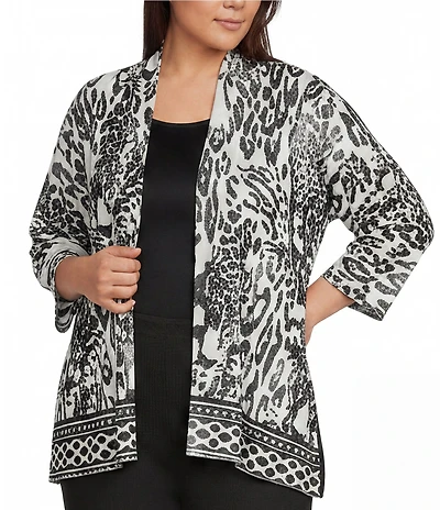 Calessa Plus Size Animal Burnout Tie-Dye Draped Open Front Wrist Length Sleeve Cardigan