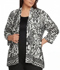 Calessa Plus Size Animal Burnout Tie-Dye Draped Open Front Wrist Length Sleeve Cardigan
