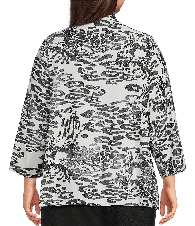Calessa Plus Size Animal Burnout Tie-Dye Draped Open Front Wrist Length Sleeve Cardigan
