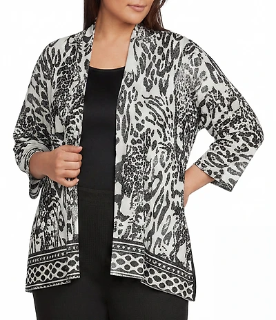 Calessa Plus Size Animal Burnout Tie-Dye Draped Open Front Wrist Length Sleeve Cardigan