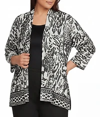 Calessa Plus Size Animal Burnout Tie-Dye Draped Open Front Wrist Length Sleeve Cardigan