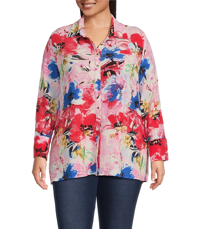 Calessa Plus Size Antique Floral Print Textured Crinkle Point Collar Long Sleeve Button Front Tunic