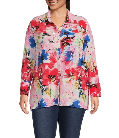 Calessa Plus Size Antique Floral Print Textured Crinkle Point Collar Long Sleeve Button Front Tunic