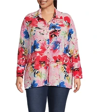 Calessa Plus Size Antique Floral Print Textured Crinkle Point Collar Long Sleeve Button Front Tunic