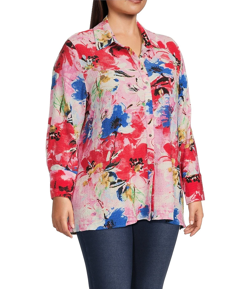 Calessa Plus Size Antique Floral Print Textured Crinkle Point Collar Long Sleeve Button Front Tunic