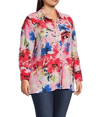 Calessa Plus Size Antique Floral Print Textured Crinkle Point Collar Long Sleeve Button Front Tunic
