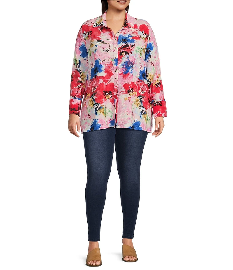 Calessa Plus Size Antique Floral Print Textured Crinkle Point Collar Long Sleeve Button Front Tunic
