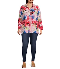 Calessa Plus Size Antique Floral Print Textured Crinkle Point Collar Long Sleeve Button Front Tunic