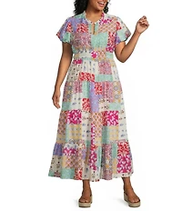 Calessa Plus Size Antique Mosaic Split V-Neck Elbow Sleeve Tiered A-Line Midi Dress