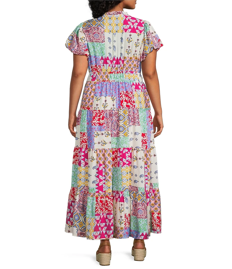 Calessa Plus Size Antique Mosaic Split V-Neck Elbow Sleeve Tiered A-Line Midi Dress