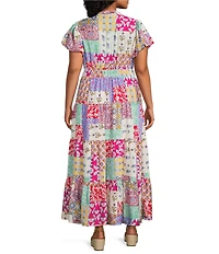 Calessa Plus Size Antique Mosaic Split V-Neck Elbow Sleeve Tiered A-Line Midi Dress