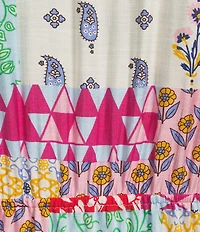 Calessa Plus Size Antique Mosaic Split V-Neck Elbow Sleeve Tiered A-Line Midi Dress