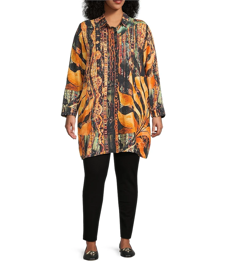 Calessa Plus Size Antique Patchwork Point Collar Long Sleeve Button Front Duster Tunic