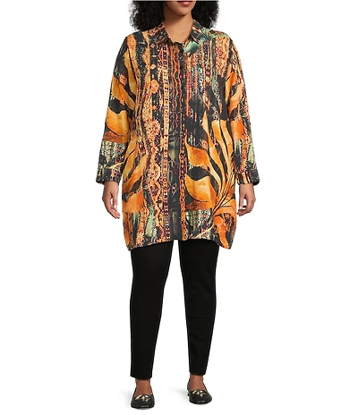 Calessa Plus Size Antique Patchwork Point Collar Long Sleeve Button Front Duster Tunic