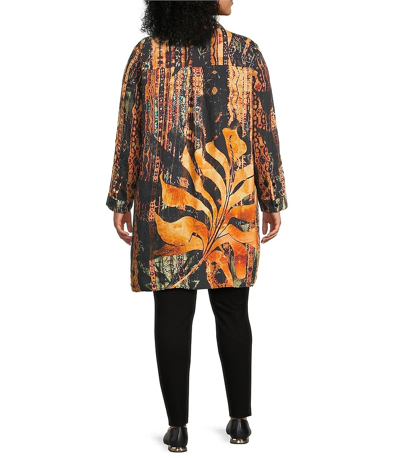 Calessa Plus Size Antique Patchwork Point Collar Long Sleeve Button Front Duster Tunic