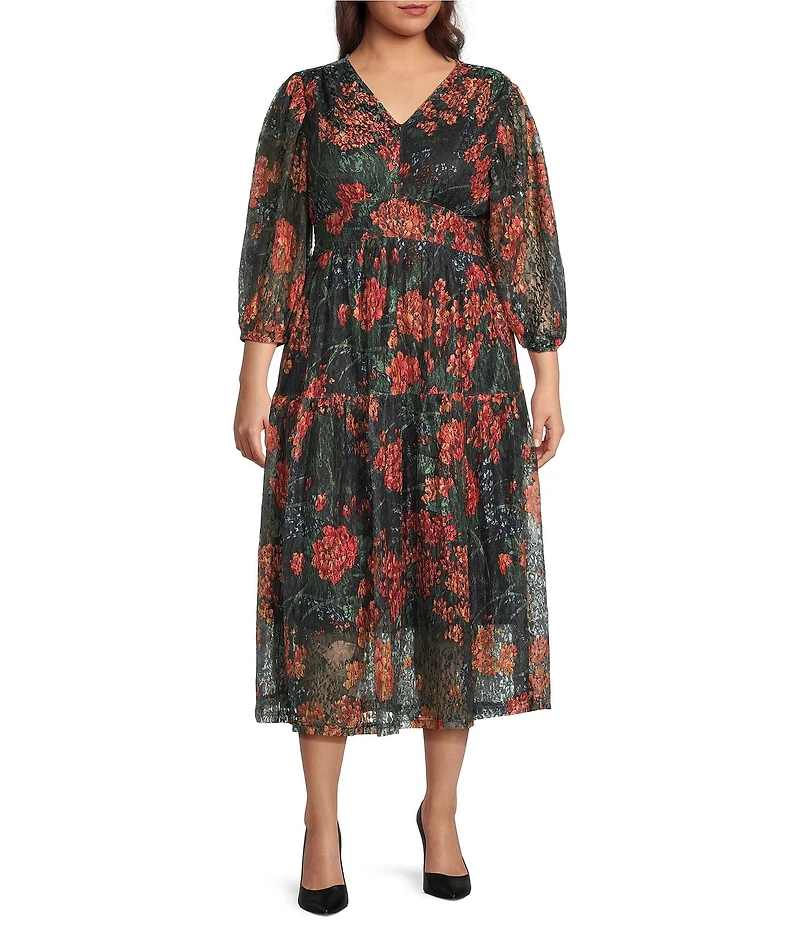 Calessa Plus Size Autumn Floral V-Neck 3/4 Sleeve Smocked Waist Tiered A-Line Midi Dress