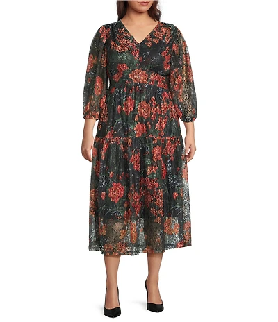 Calessa Plus Size Autumn Floral V-Neck 3/4 Sleeve Smocked Waist Tiered A-Line Midi Dress