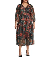 Calessa Plus Size Autumn Floral V-Neck 3/4 Sleeve Smocked Waist Tiered A-Line Midi Dress