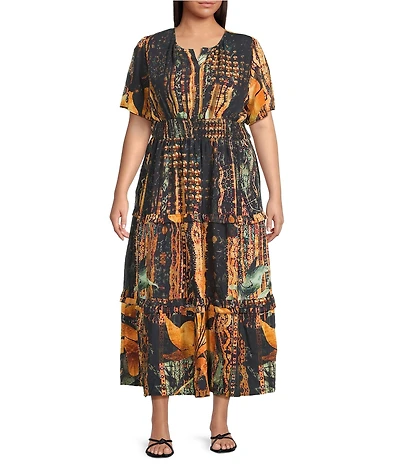 Calessa Plus Size Autumn Floral V-Neck Cap Flutter Sleeves Tiered Smocked Belt Midi Dress