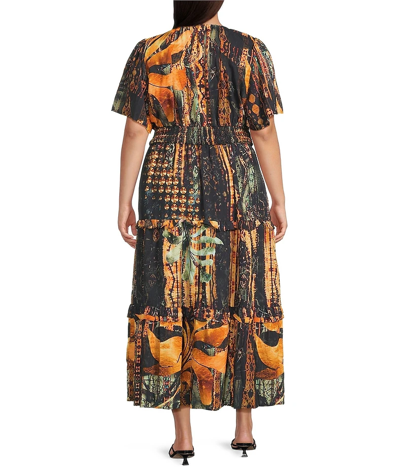 Calessa Plus Size Autumn Floral V-Neck Cap Flutter Sleeves Tiered Smocked Belt Midi Dress