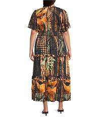 Calessa Plus Size Autumn Floral V-Neck Cap Flutter Sleeves Tiered Smocked Belt Midi Dress