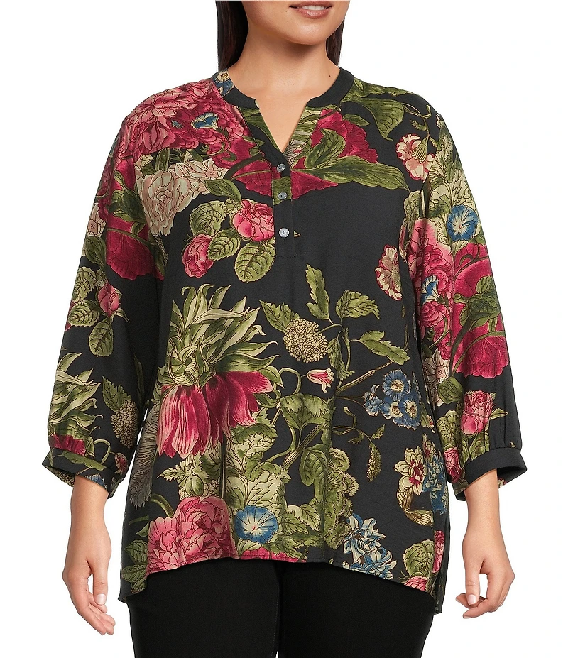 Calessa Plus Size Autumn Garden Banded Split V-Neck 3/4 Sleeve Coordinating Tunic