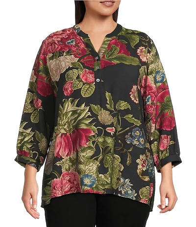 Calessa Plus Size Autumn Garden Banded Split V-Neck 3/4 Sleeve Coordinating Tunic