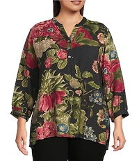 Calessa Plus Size Autumn Garden Banded Split V-Neck 3/4 Sleeve Coordinating Tunic