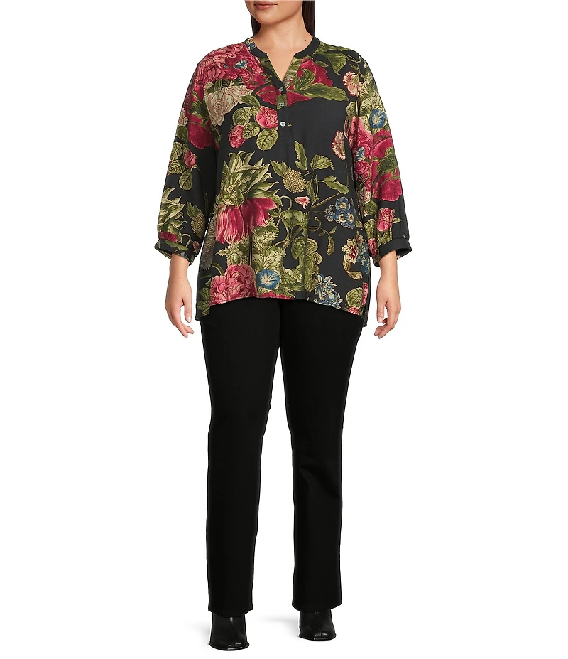 Calessa Plus Size Autumn Garden Banded Split V-Neck 3/4 Sleeve Coordinating Tunic