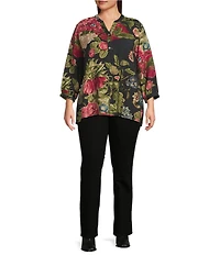 Calessa Plus Size Autumn Garden Banded Split V-Neck 3/4 Sleeve Coordinating Tunic