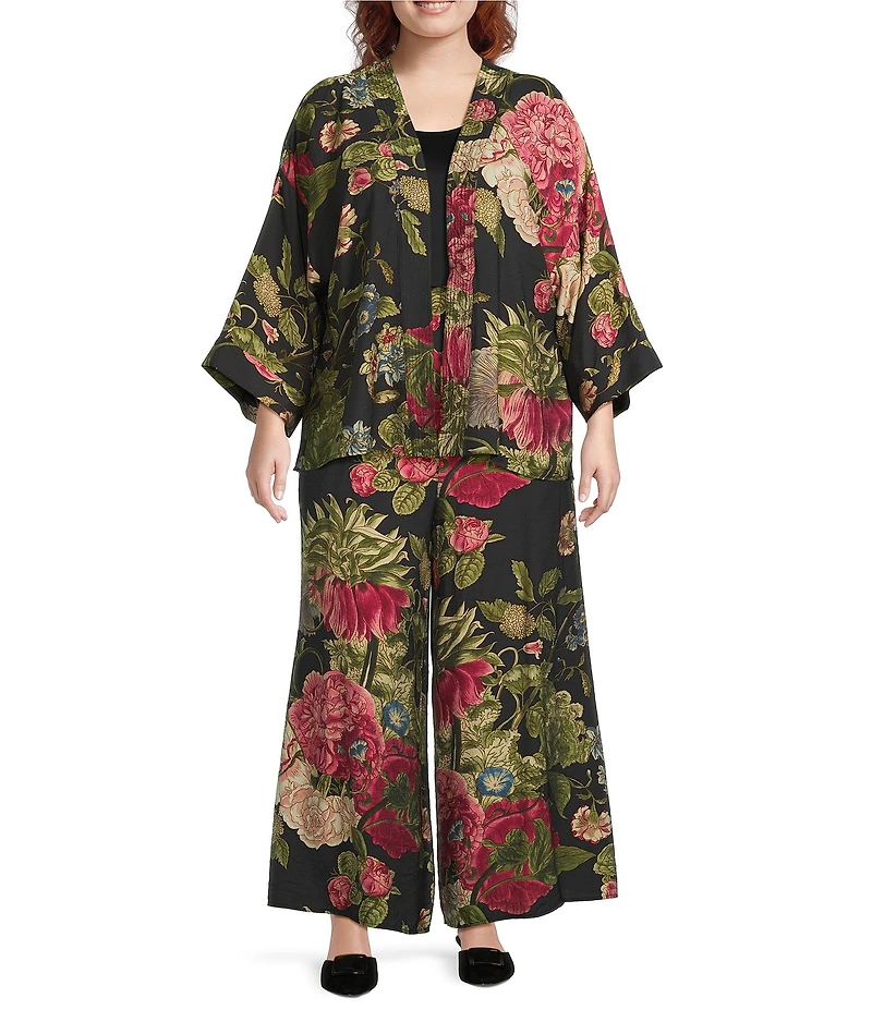 Calessa Plus Size Autumn Garden Print Coordinating Open-Front Kimono