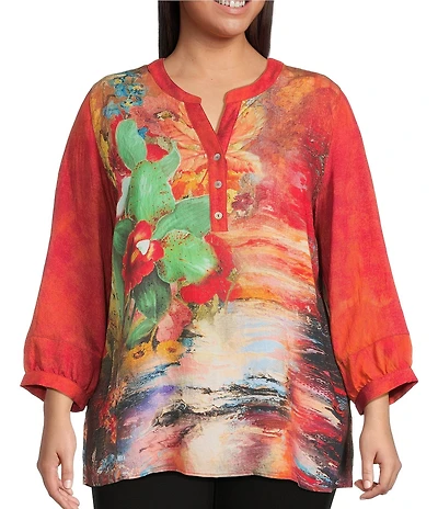 Calessa Plus Size Autumn Patchwork Button Detail Split V-Neck 3/4 Sleeve Tunic