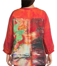 Calessa Plus Size Autumn Patchwork Button Detail Split V-Neck 3/4 Sleeve Tunic