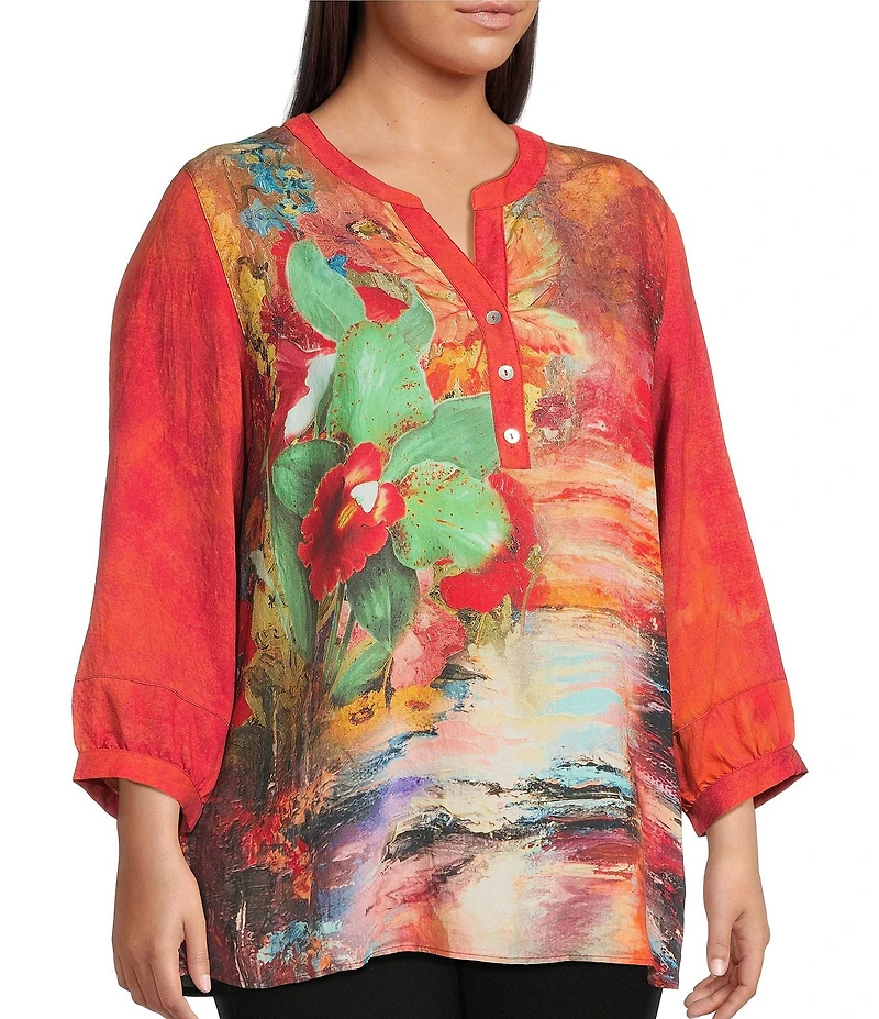 Calessa Plus Size Autumn Patchwork Button Detail Split V-Neck 3/4 Sleeve Tunic