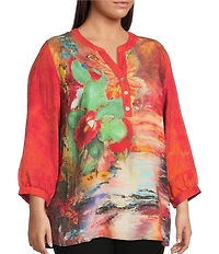 Calessa Plus Size Autumn Patchwork Button Detail Split V-Neck 3/4 Sleeve Tunic