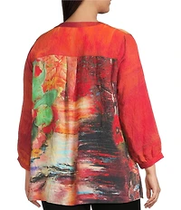 Calessa Plus Size Autumn Patchwork Button Detail Split V-Neck 3/4 Sleeve Tunic