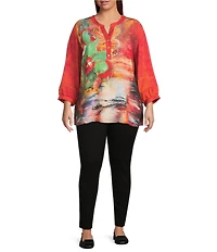 Calessa Plus Size Autumn Patchwork Button Detail Split V-Neck 3/4 Sleeve Tunic