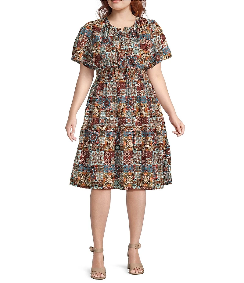 Calessa Plus Size Blue Multi Patchwork Split V-Neck Flutter Cap Sleeve Tiered A-Line Dress