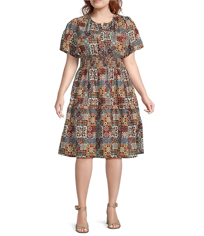 Calessa Plus Size Blue Multi Patchwork Split V-Neck Flutter Cap Sleeve Tiered A-Line Dress