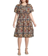 Calessa Plus Size Blue Multi Patchwork Split V-Neck Flutter Cap Sleeve Tiered A-Line Dress