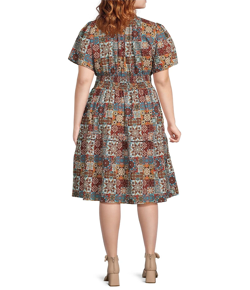 Calessa Plus Size Blue Multi Patchwork Split V-Neck Flutter Cap Sleeve Tiered A-Line Dress