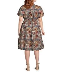 Calessa Plus Size Blue Multi Patchwork Split V-Neck Flutter Cap Sleeve Tiered A-Line Dress