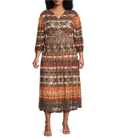 Calessa Plus Size Border Abstract Print V-Neck Long Sleeve Tiered Midi Dress