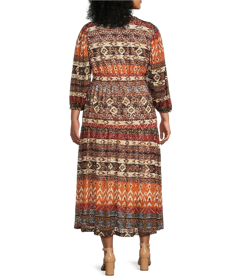 Calessa Plus Size Border Abstract Print V-Neck Long Sleeve Tiered Midi Dress