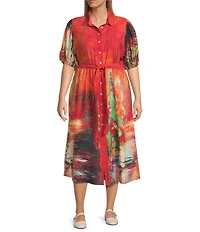 Calessa Plus Size Border Fall Print Point Collar Short Sleeve Midi Shirt Dress