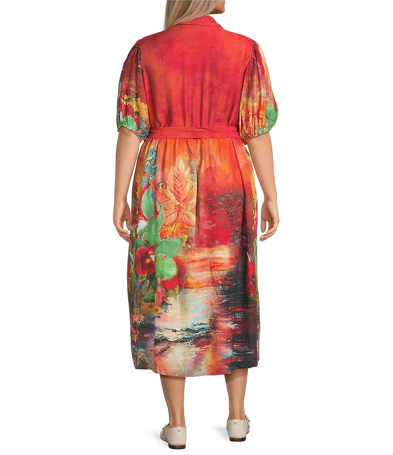 Calessa Plus Size Border Fall Print Point Collar Short Sleeve Midi Shirt Dress