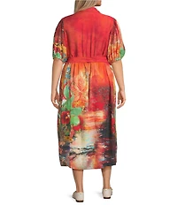 Calessa Plus Size Border Fall Print Point Collar Short Sleeve Midi Shirt Dress